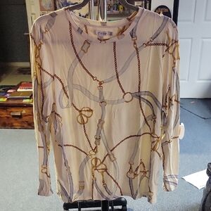 Chico's Women's Blouse with Chain Design - Cream and Gold